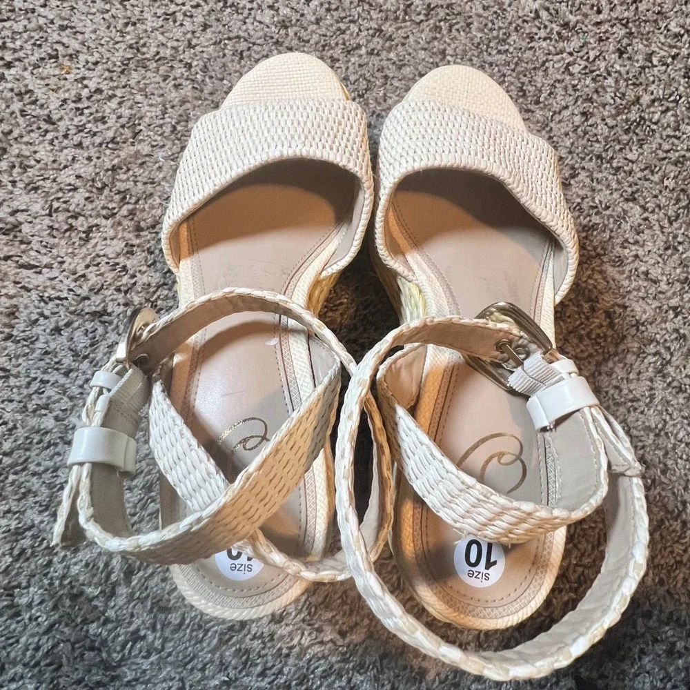 Sam Edelman Women Cream Woven Raffia Platform Wedge‎ Espadrille Sandals Size 10